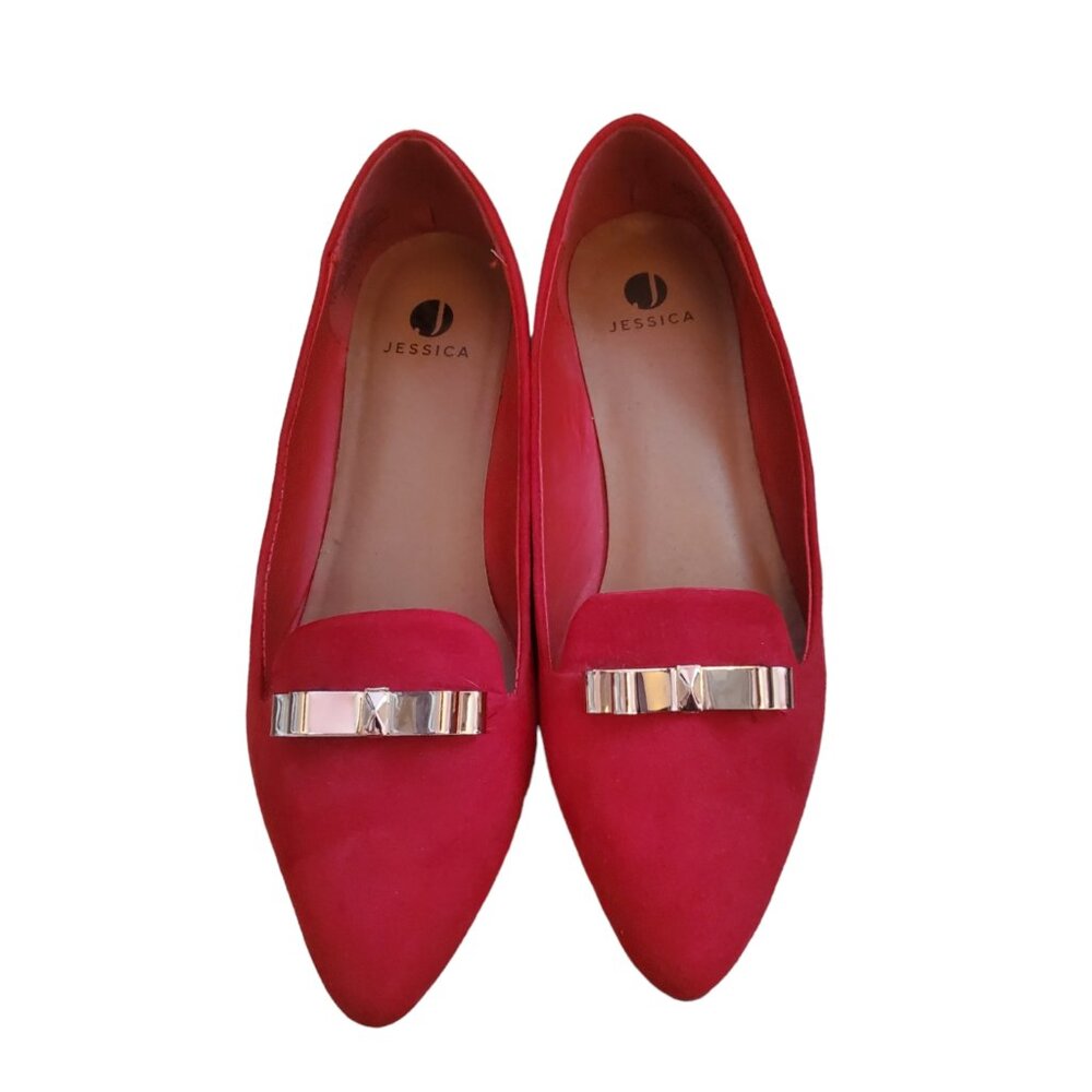 Red  slip on suede like material flats with metallic gold bows